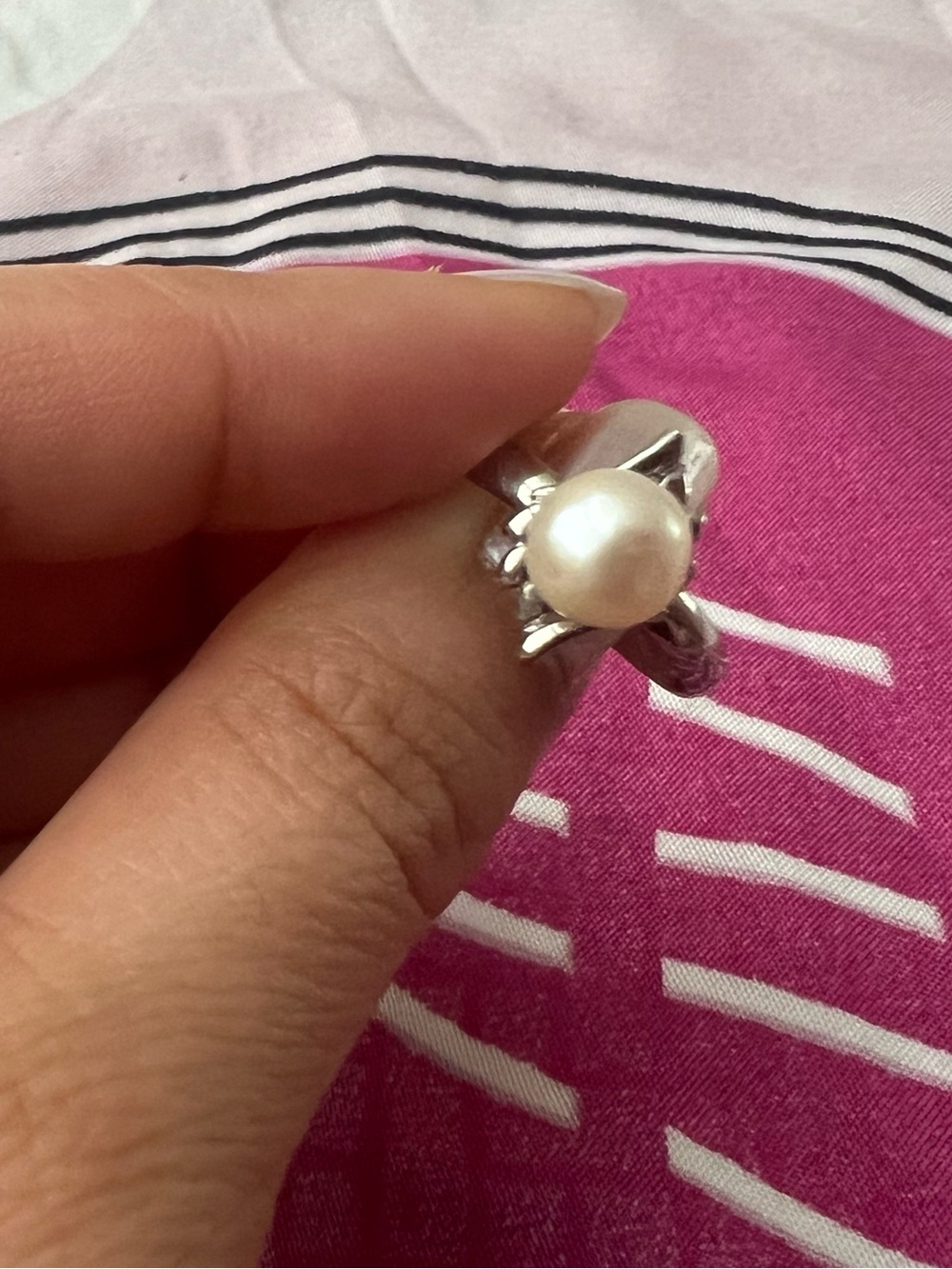 Adjustable Pearl Accent Silver-Tone Ring - White Pearl